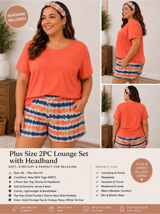 Cuddl Duds Other - Cuddl Duds 2X Plus Size Lounge Set Coral Tie Dye Shorts Top & Matching Headband